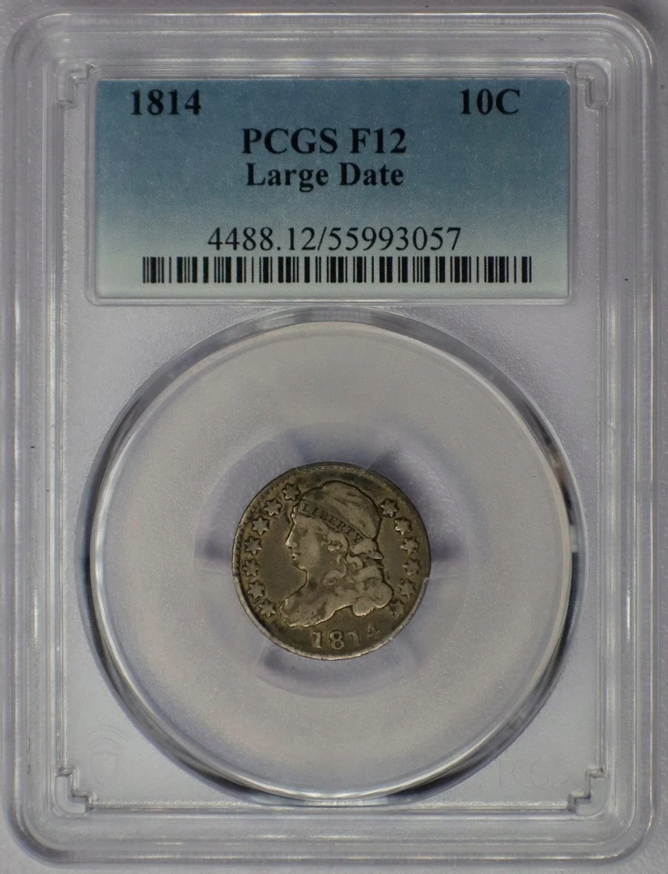Монета номиналом 10 центов 1814 с большой датой и крышкой — PCGS F 12 - Изображение 3 из 4