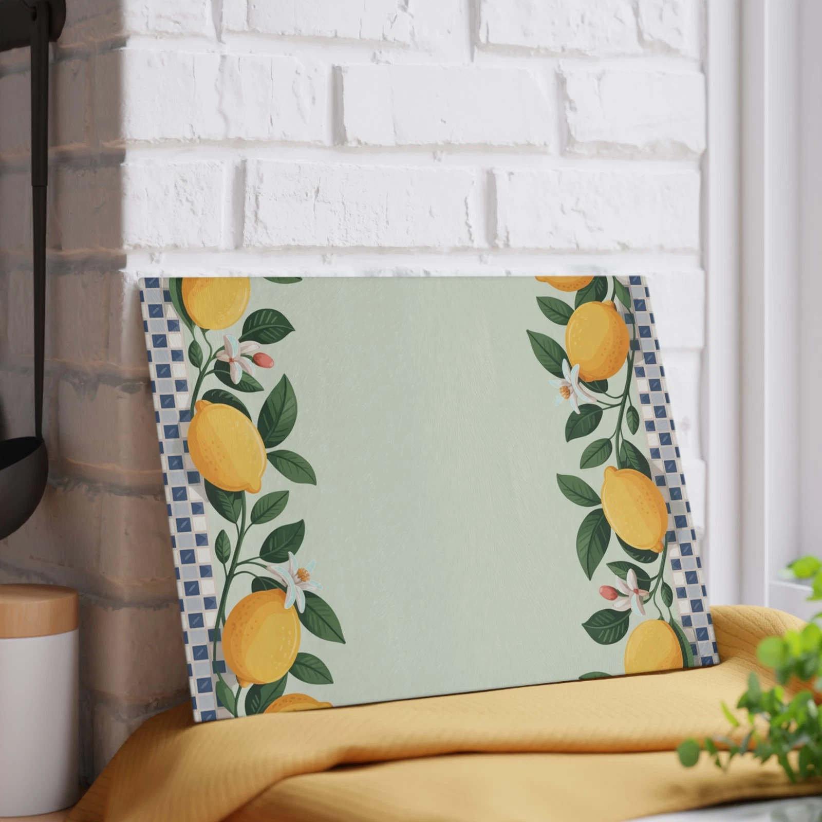 Lemon Border Glass Cutting Board | Checkered Edge, Citrus Kitchen Decor