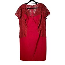 Adrianna Papell Dress Crochet Lace Sheath Knee Length Party Cocktail Red 14