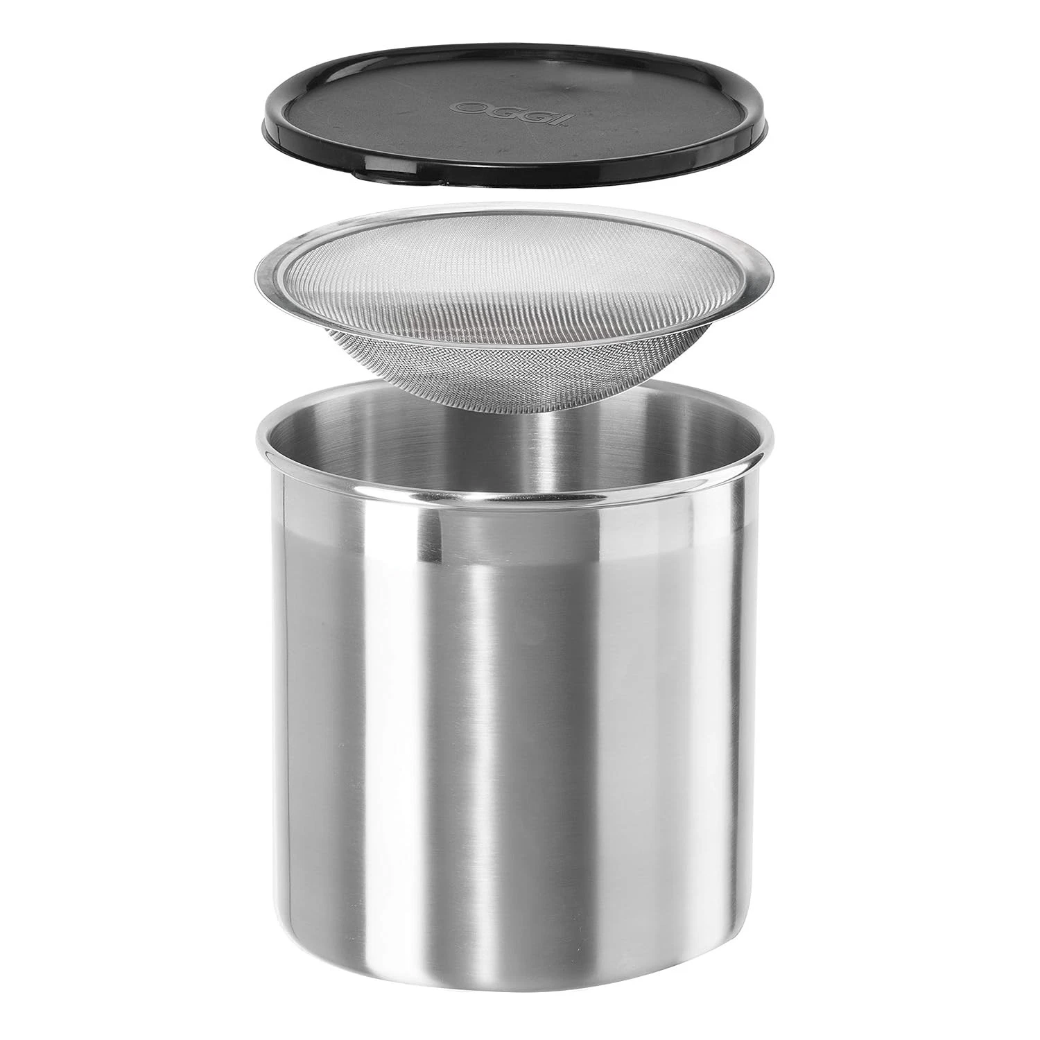 Oggi Stainless Steel Jumbo Grease Container with Removable Strainer and Snug Lid