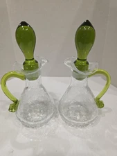 Vtg Rainbow Crackle Glass Oil & Vinegar Cruet Set Green Handle & Stopper 6" tall