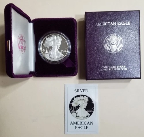 1986-S American Silver Eagle Proof 1 oz .999 Silver Dollar with Box & COA.