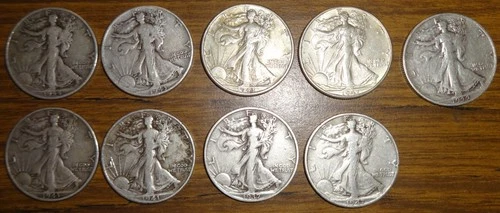 Lot of 9  Walking Liberty Half Dollars - 90% Silver