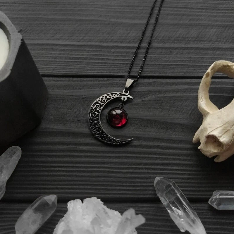 Goth Crescent Moon Necklace Dark Style Red Moon Pendant Wiccan