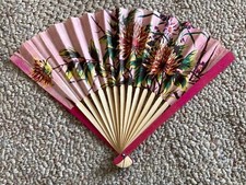 Vintage Floral Taiwan Wooden Paper Hand Fans Fold Up 1940-1950