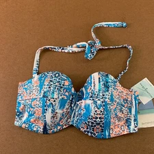 Sunseeker Womens Size 32DD Blue Printed Underwire Bandeau Bikini Swim Top NWT
