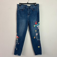 Free People Jeans Womens 30 Blue Embroidered Bird Skinny Denim Raw Hem
