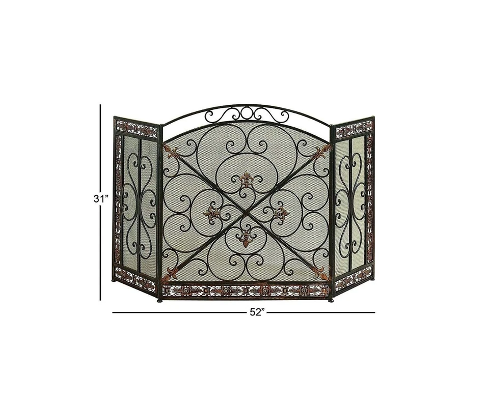 Pantalla de Fuego Tradicional de Metal de 3 Paneles con Diseño de Filigrana, Bronce, Negra Foto 4 de 4