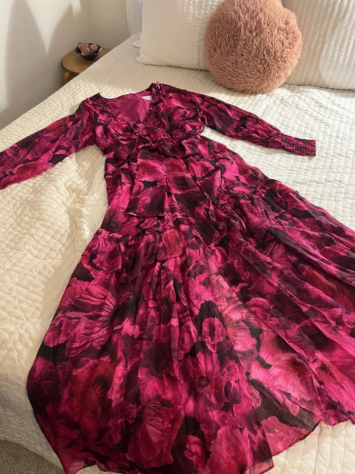 MarchesaRosa Leilani цветочный ярусный шелк/vicose макси платье WmnsSz 12 новый с Ярлыками Рекомендуемая розничная цена производителя $745 - Изображение 3 из 4