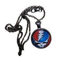 Grateful Dead Steal Your Face Glass Cabochon Necklace Gunmetal Charm  Chain New