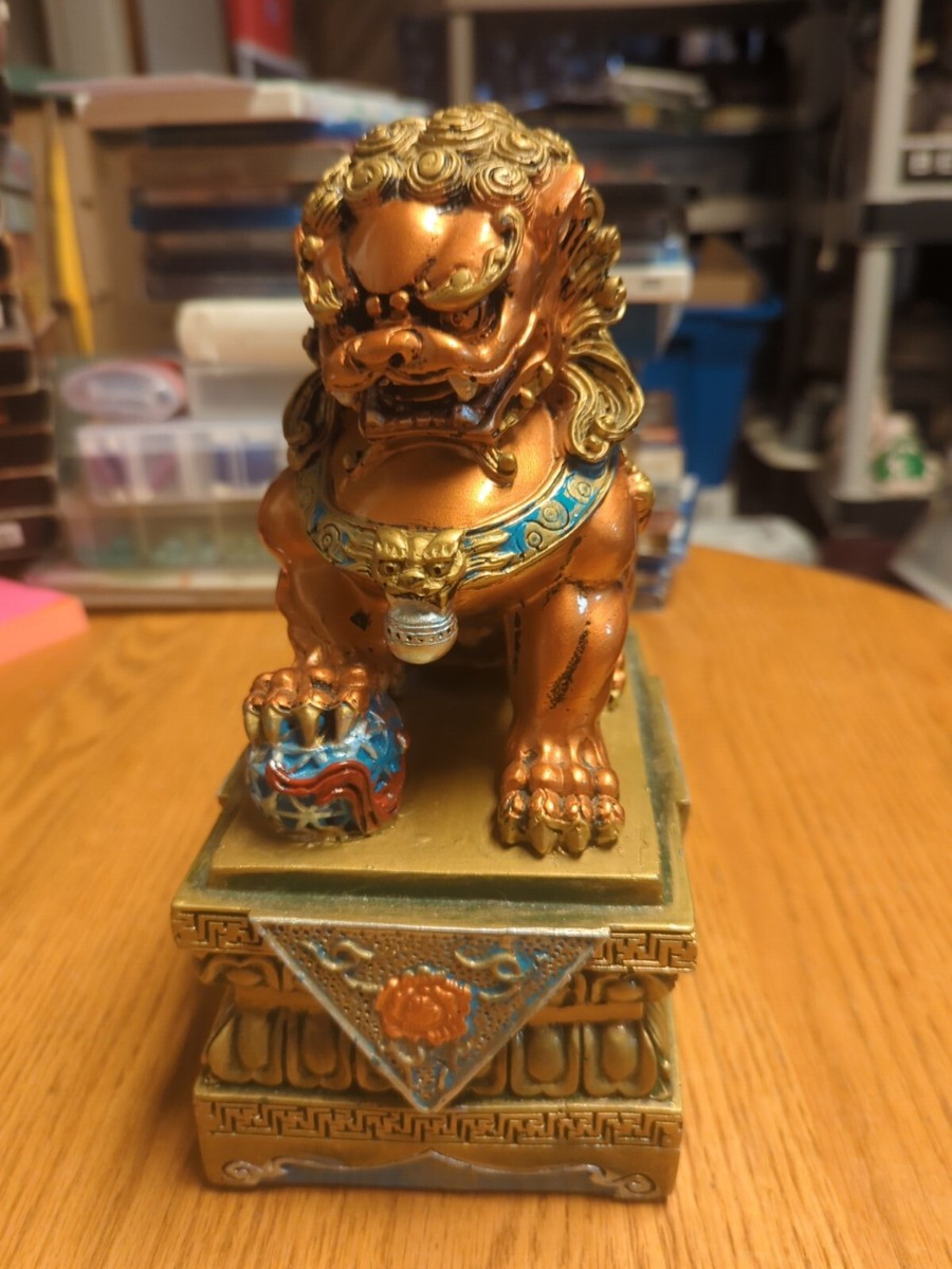 Vintage Chinese Asian ceramic Fu Foo Good Luck Bronze Gold Tone