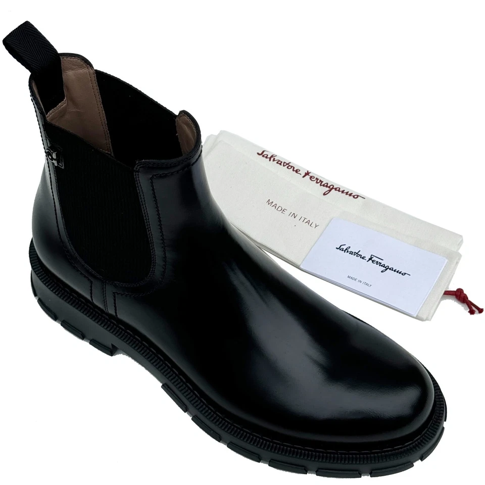 FERRAGAMO Men's Black Leather Formal Chelsea Ankle Gancini Boots Dress Casual - Image 4 of 4