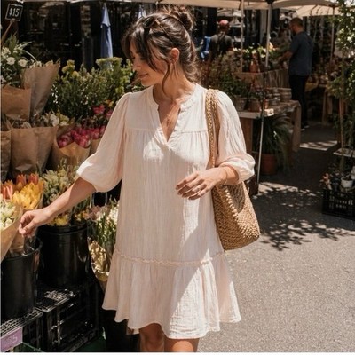 Self Contrast tiered long sleeve dress cotton gauze NWT size L peach