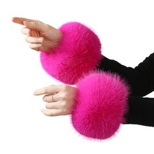 Women's Faux Fur Wrist Cuffs, Winter Fox Furry Wristbands, One Size Rose Red