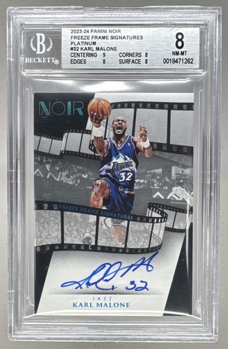 Karl Malone 2023 Panini Noir #FFS-KMA Platinum Freeze Frame Auto 1/1 BGS 8