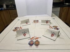 VTG Embroidered And Hand Cross Stitched Crochet Tablecloth 44” X 44” White 4 Nkn
