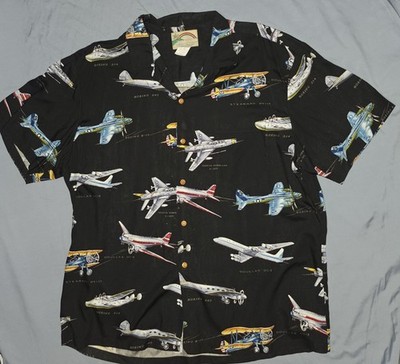 Vintage Paradise Found Shirt Men XL Hawaiian AOP Planes Rayon USA Boeing Black