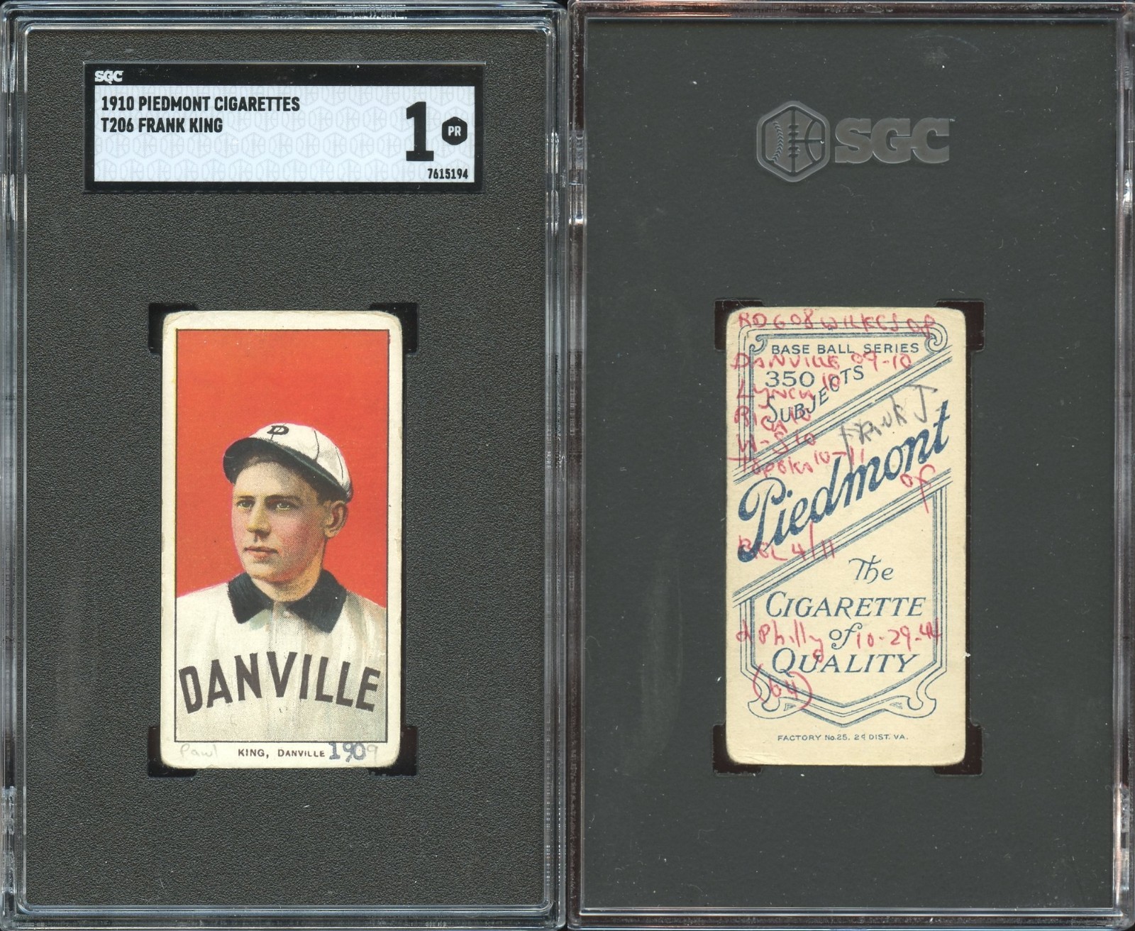 T206 Frank King Southern League ~~ SGC 1 ~~ Piedmont 350 back