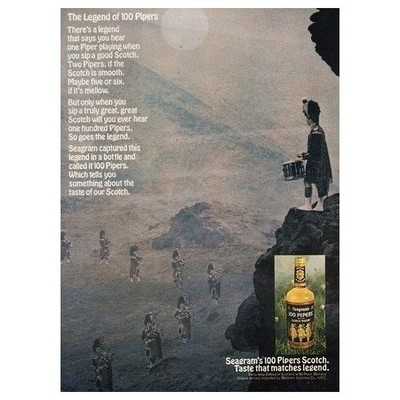 1969 Seagram s 100 Pipers Scotch Print Ad Highland Bagpipes Scene