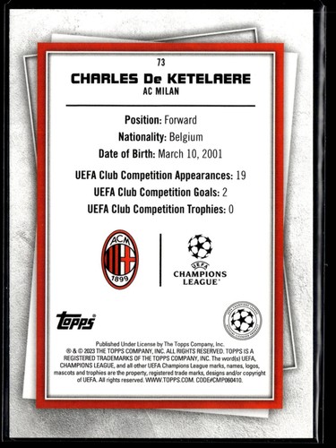 2022-23 Topps UEFA Club Competitions Superstars #73 Charles De Ketelaere Yellow - Picture 2 of 2