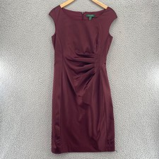 Lauren Ralph Lauren Dress Womens 6 Burgundy Pencil Sheath Satin Sunburst Pleats