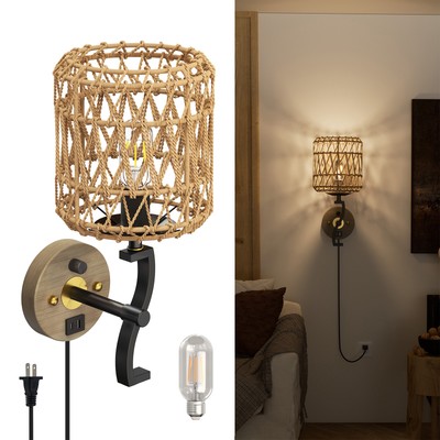 Farmhouse Dimmable Wall Light Plug-in LED Wall Sconce Bedside USB Charging Port