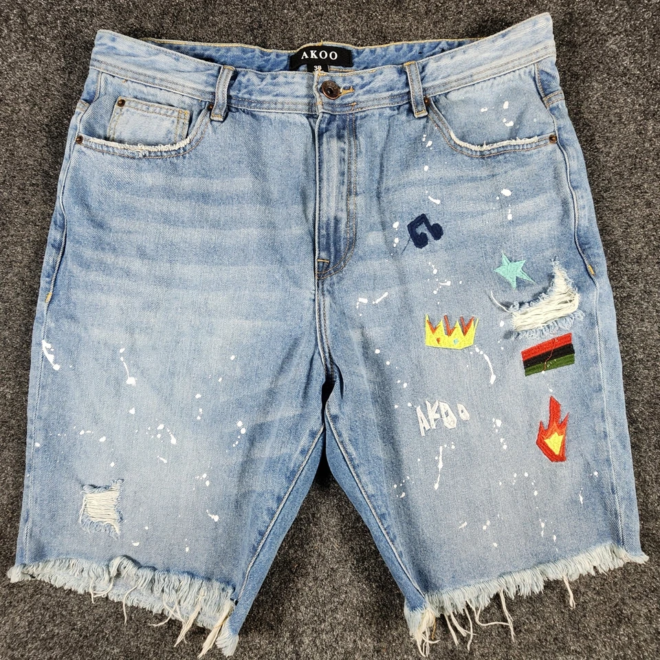 Pantalones Cortos de Jean de Denim AKOO No Rivals Para Hombre 38 Hip Hop Ropa de Calle Patinador Y2K Foto 2 de 4