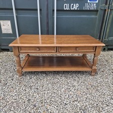Oak Coffee Table With Drawers and Lower Shelf Dark / Med Wood Traditional Design