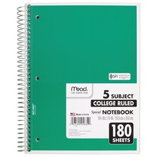 Spiral Notebook, 5 Subject, College Ruled Paper, 180 Sheets, 10-1/2" x 8", Co...
