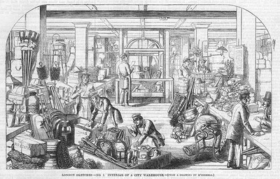 LONDON SKETCHES No 1 - Interior of a City Warehouse - Antique Print 1860