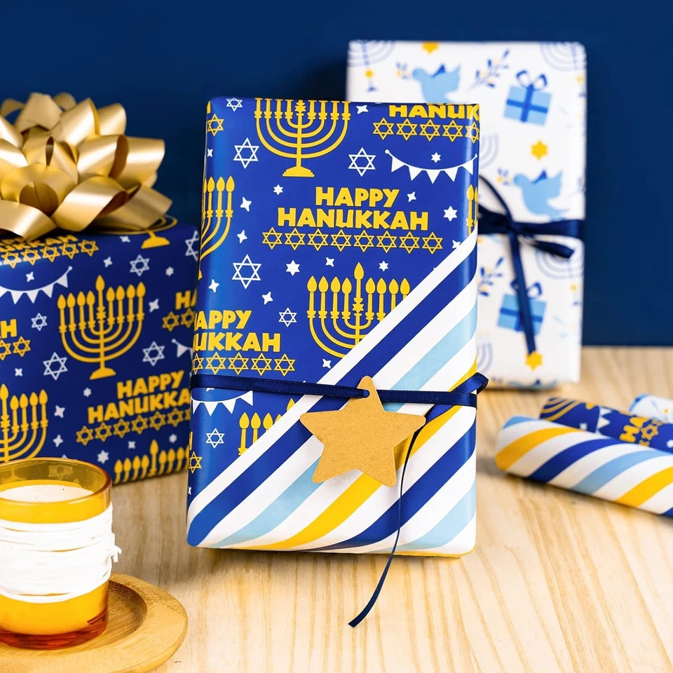 Rollo de papel de envolver Hanukkah Menorá vela rayas envoltura de regalo 3 rollos 17x120 Foto 3 de 4