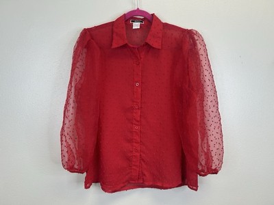 Vivid brand L women s red sheer polka dot long sleeve button-down blouse Puffed