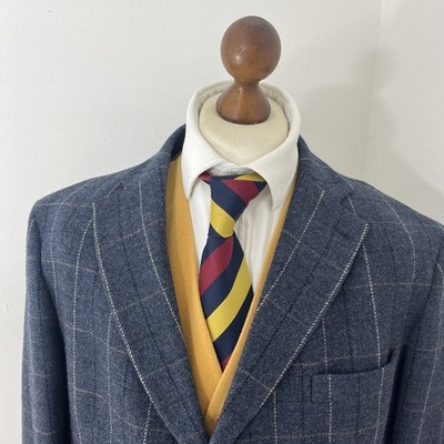 Viyella X Moon Herren 46R Blau Blazer 100% Wolle Tweed Sakko Fensterscheibe Karo