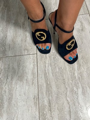 Gucci Suede Authentic Blondie Slingback Sandals Navy Blue Sz 38 