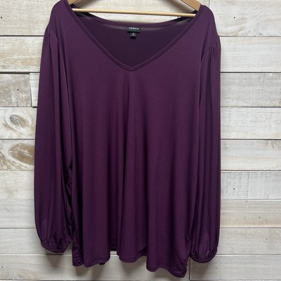 Torrid Top Women 4X  Liquid Knit Puff Long Sleeve V Neck Purple Eggplant Stretch
