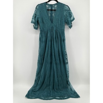 PINKBLUSH Maternity Teal Floral Lace Mesh Overlay Maxi Dress Small Boho Festival