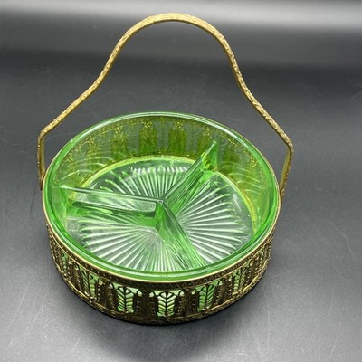 Uranium Depression Green Glass Divided Dish Gold Metal Filigree Basket MW Carr