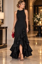 Betsy & Adam 6 Black High Low Ruffle Formal Evening Gown Made in USA