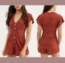 NWT 98 Free People Small Phoenix Playsuit Romper in Rust Red Geo T1699
