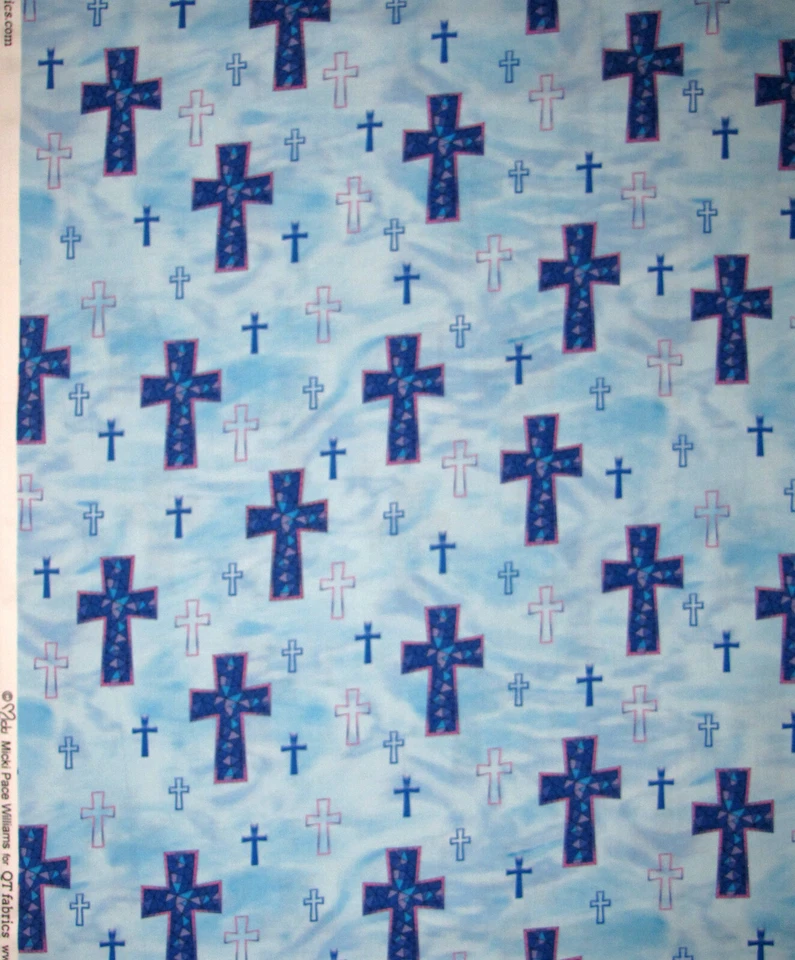 Navidad Religioso Jesús Cruz Increíble Gracia Azul Tela Algodón QT Por Yarda Foto 2 de 3