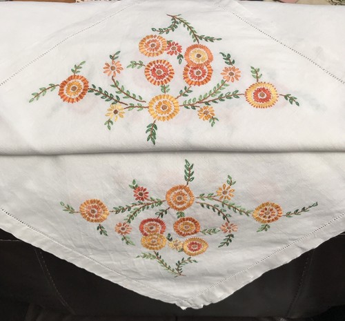 Vintage White Linen Hand Stitched Embroidered Floral Tablecloth 49 x 49inches
