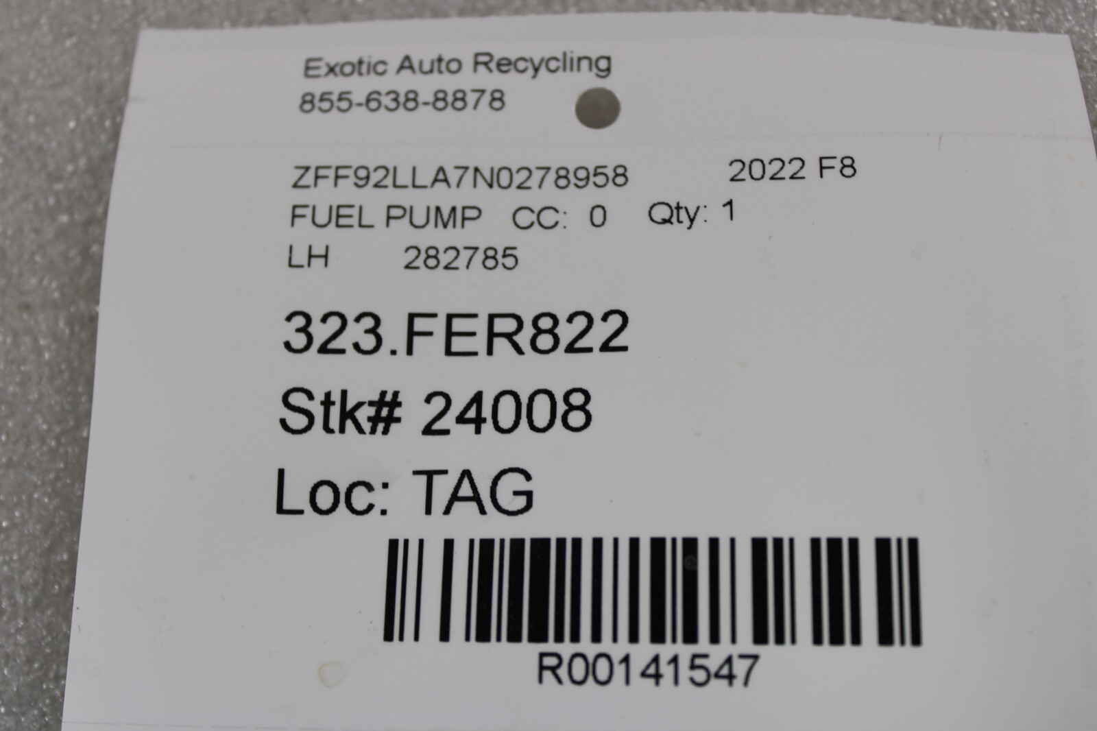 Ferrari F8, 458, 488, FF, LH, Left, Fuel Pump Filter, Used, P/N 282784