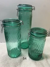 Set of (3) Vintage Spiral Green Glass Canister set. Brand new seals/gaskets. 