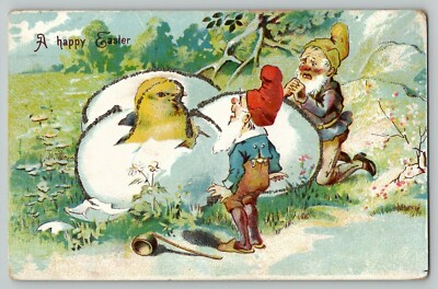 1909 Easter Chick hatching Gnomes Elves Dwarves Glitter Fantasy Postcard 100