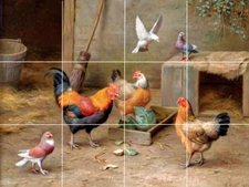 Feeding time farm animals chicken rooster antique repro tile mural backsplash