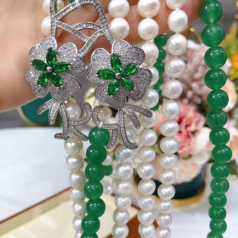 Collar Natural 7-8mm 3 Filas Blanco Agua Dulce Perla Verde Jade Circonita Colgante 30" Foto 4 de 4