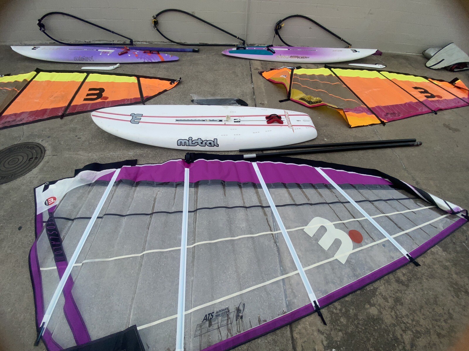 Mistral Prodigy Escape Panders Windsurfer Board Lot W/ Sails & Poles