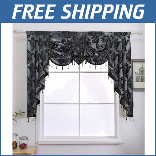 Chic Black Waterfall Valance - 61” Wide Jacquard Curtains for Living Room & More