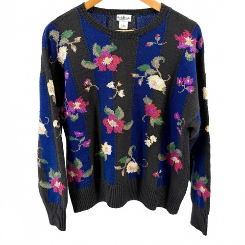 Paul Smith, Vintage 80s Paul Smith Black Blue 100% Cotton Floral Knit