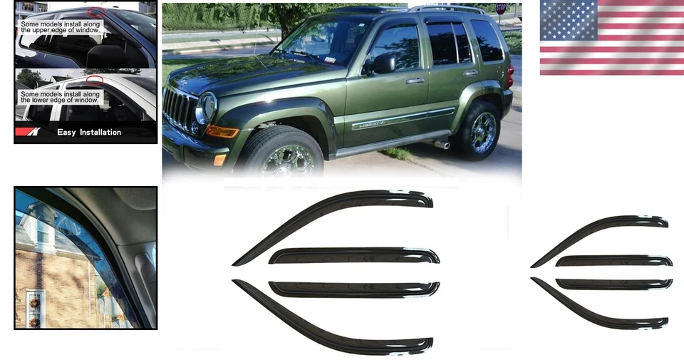Shatterproof Window Visor Deflector - Dark Smoke 4pc for 2002-2007 Jeep Liberty Foto 2 de 4
